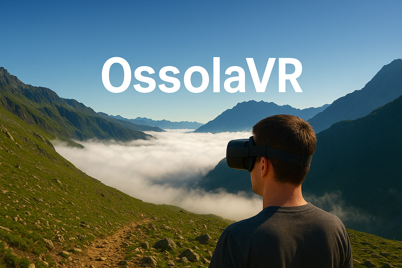 Una persona indossa un visore VR ammirando una valle alpina dell'Ossola immersa nella nebbia